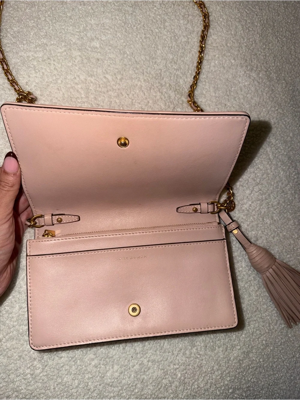 Tory Burch Quilted Crossbody in Dusty Rose with Gold Chain